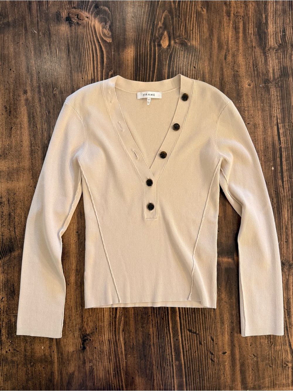 FRAME Beige Ribbed Half Button Ling Sleeve